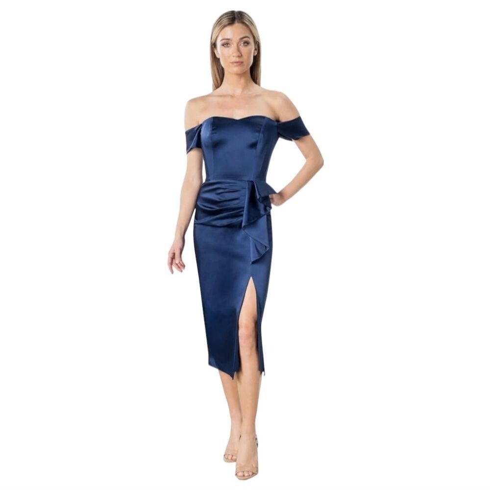Dress the Population Alani dress NWT navy blue off shoulder‎ midi S